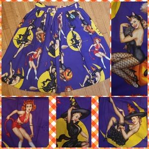 Pinup Purple Witch Halloween Circle Midi Skirt